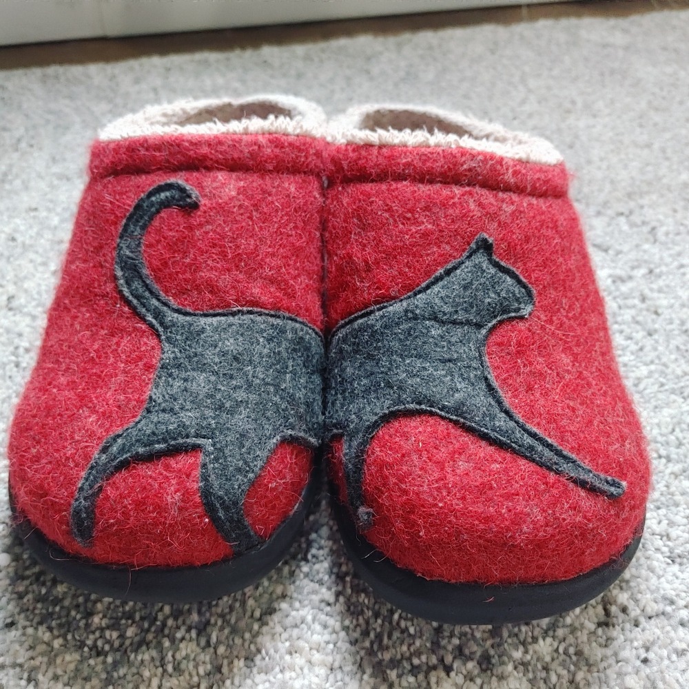 LL Bean Daybreak Scuffs Cozy Red Boiled Wool Cat Slippers Womens 7 305194